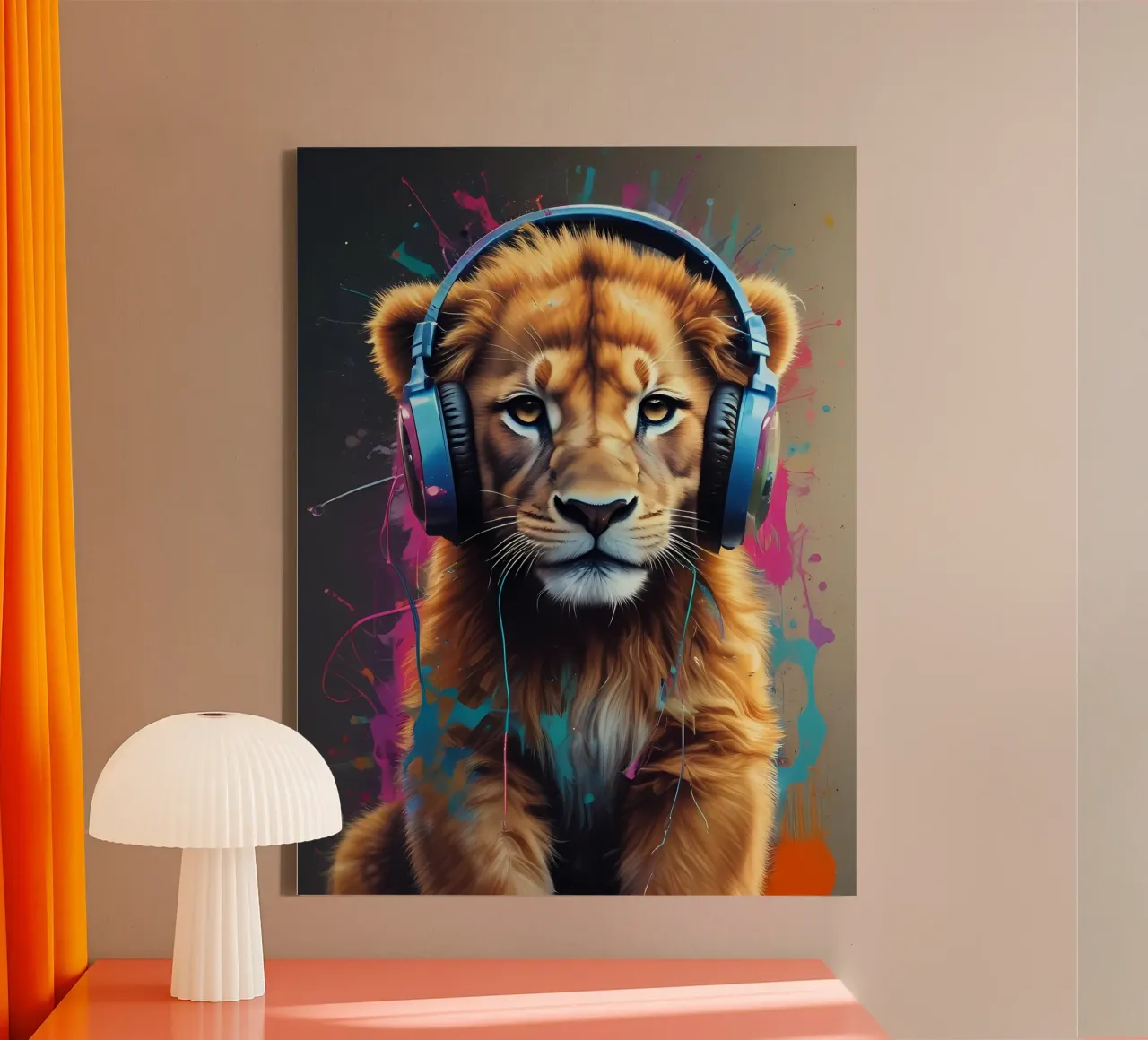 Babyleeuw in koptelefoon canvas met Baklijst van MakArena