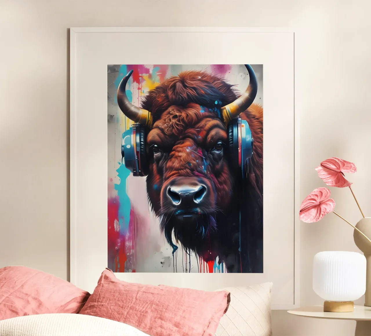 Bisonte in cuffia poster con telaio in alluminio da MakArena