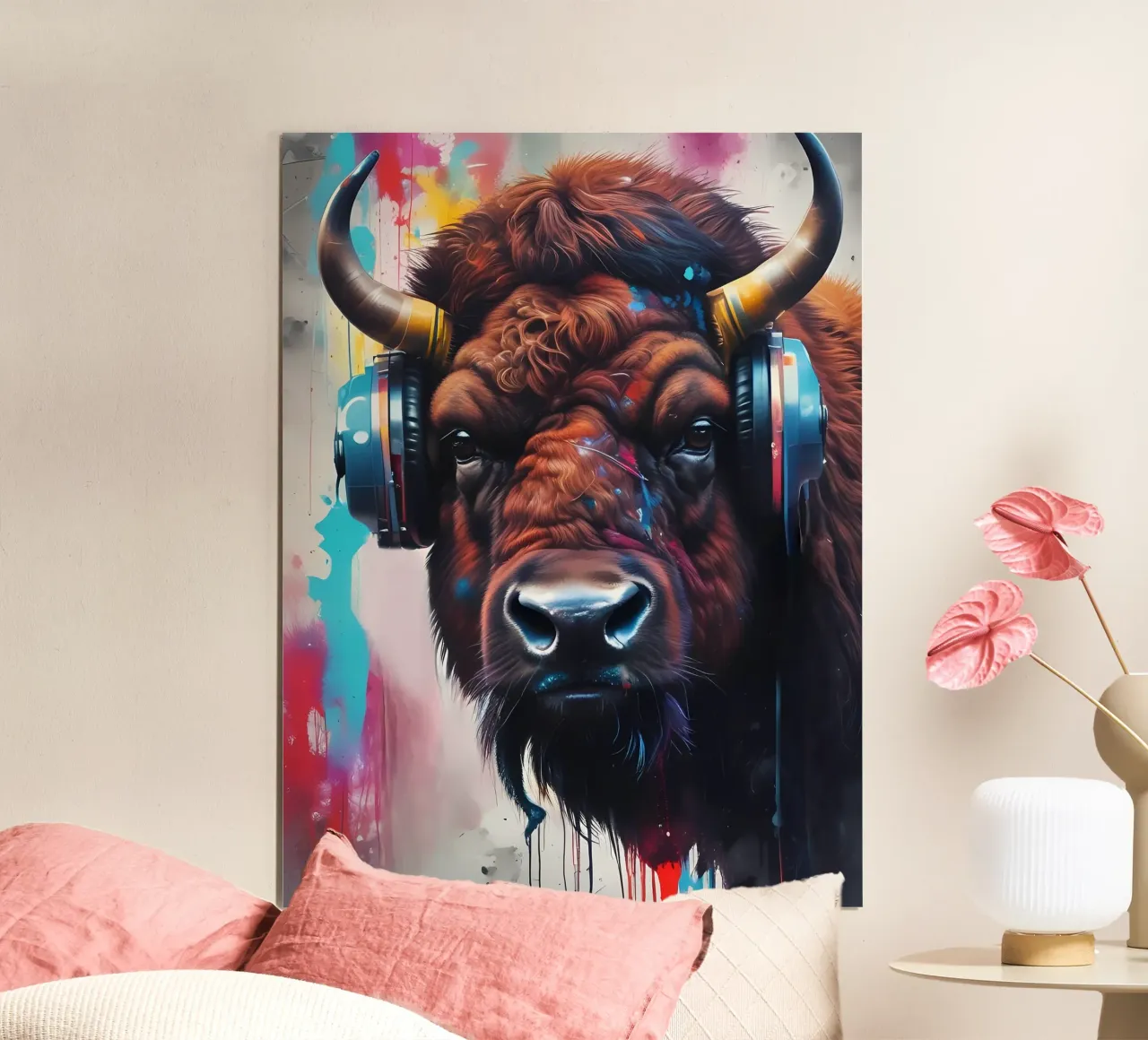 Bisonte in cuffia poster con telaio in alluminio da MakArena