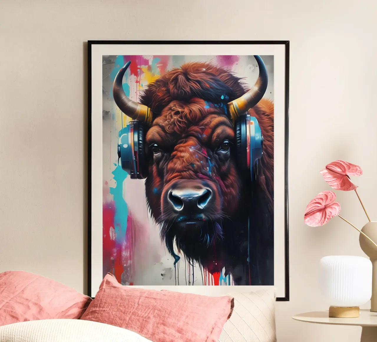 Bisonte in cuffia poster con telaio in alluminio da MakArena