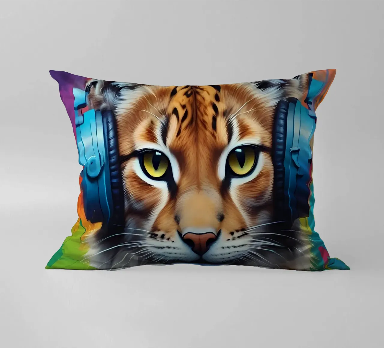 Baby lynx in headphones decorative cushion by MakArena