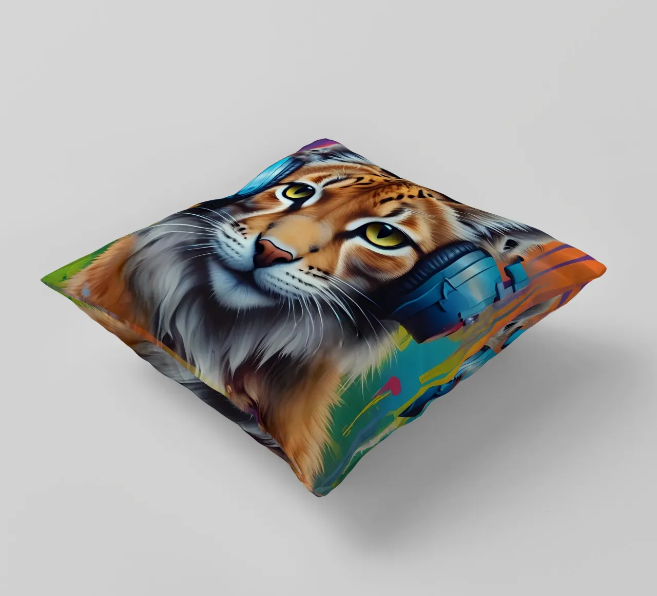 Baby lynx in headphones decorative cushion by MakArena