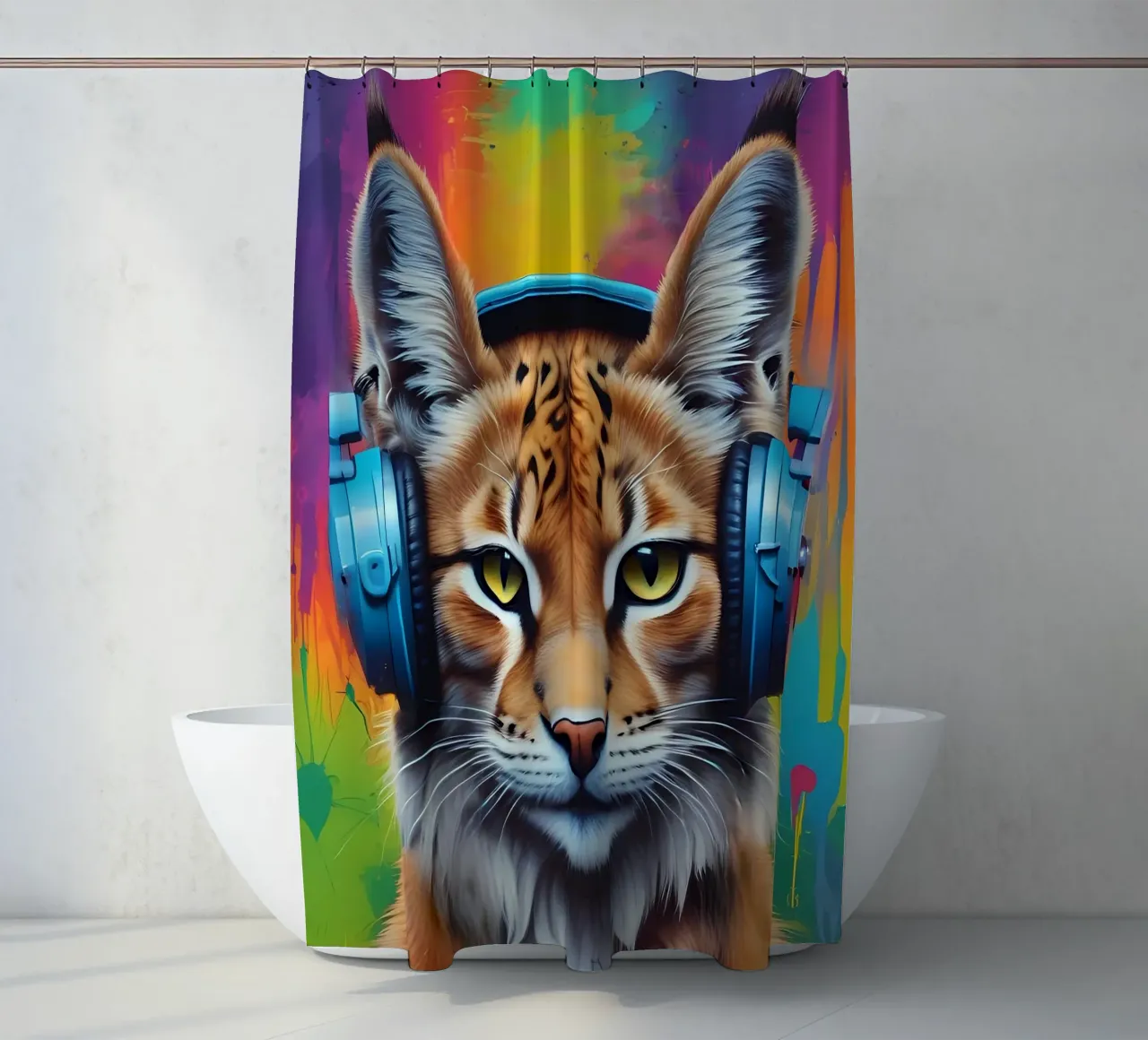 Baby lynx in headphones shower curtain by MakArena