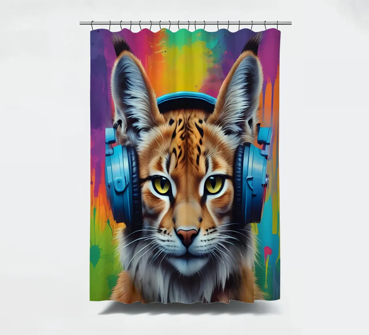 Baby lynx in headphones shower curtain by MakArena
