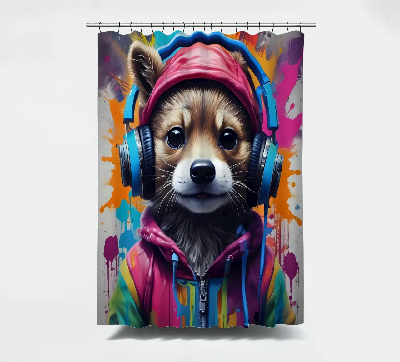 Baby raccoon in headphones shower curtain by MakArena