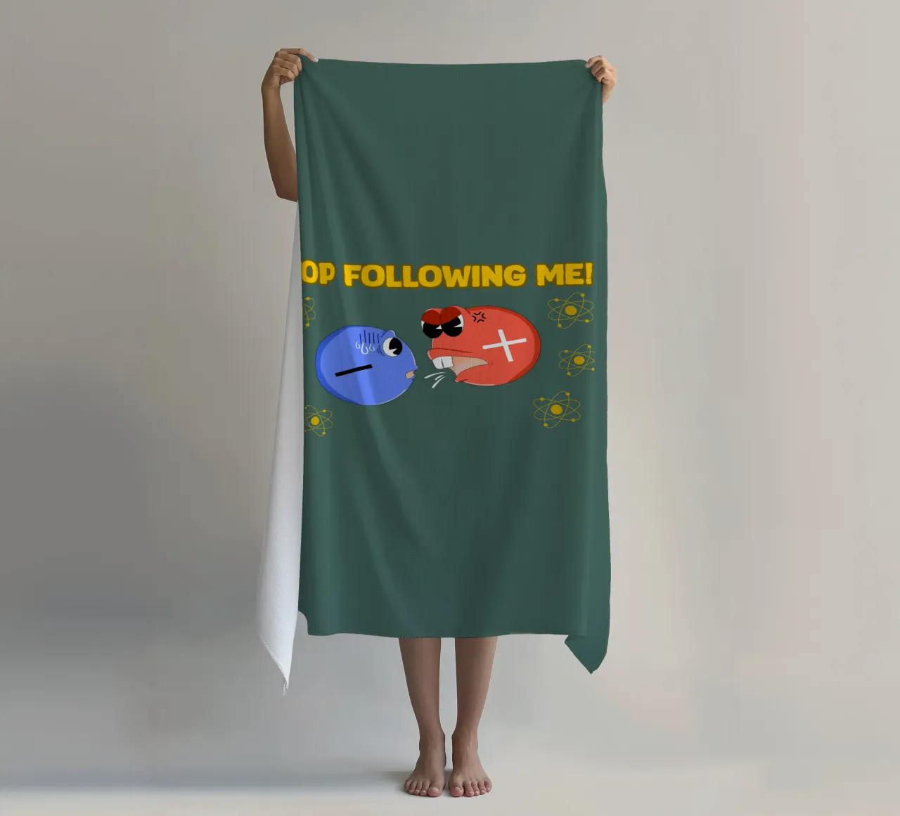 Proton and Electron Funny Science Atom Physics beach towel by sillyindustries