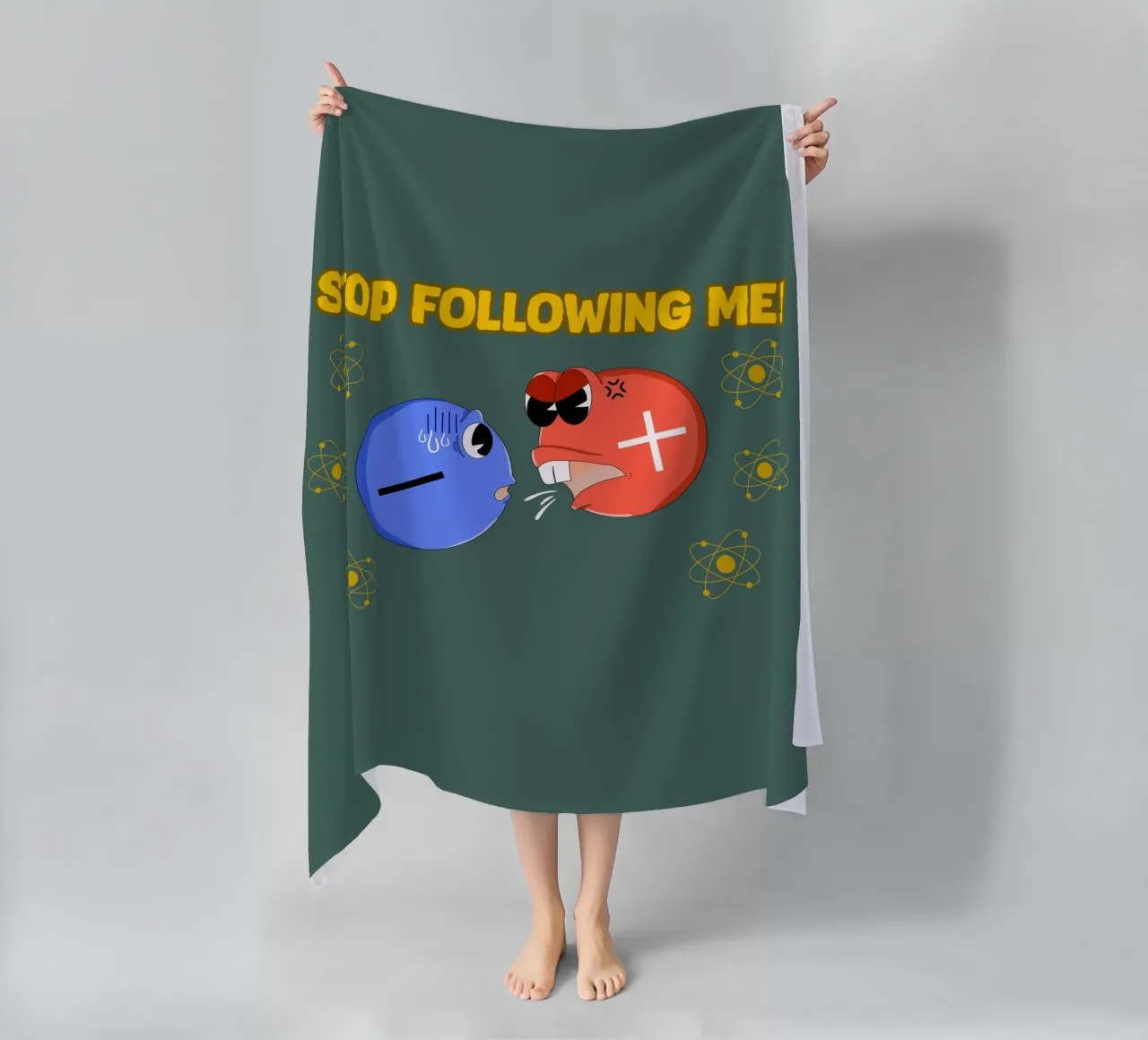 Proton and Electron Funny Science Atom Physics beach towel by sillyindustries