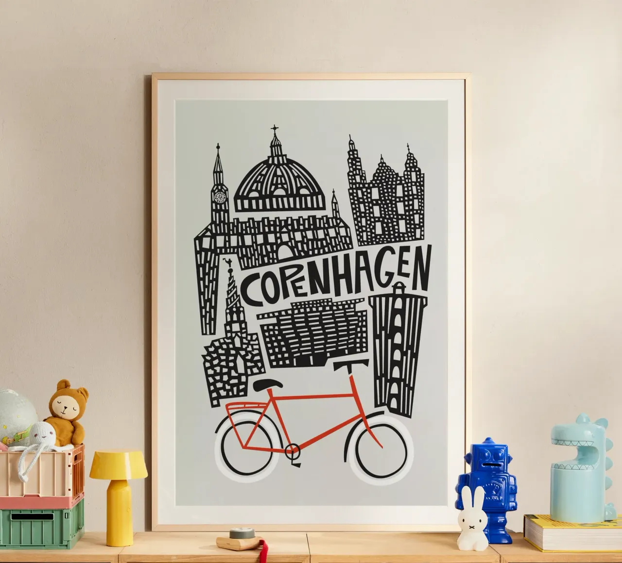 Paesaggio urbano di Copenaghen poster con telaio in legno da Fox & Velvet