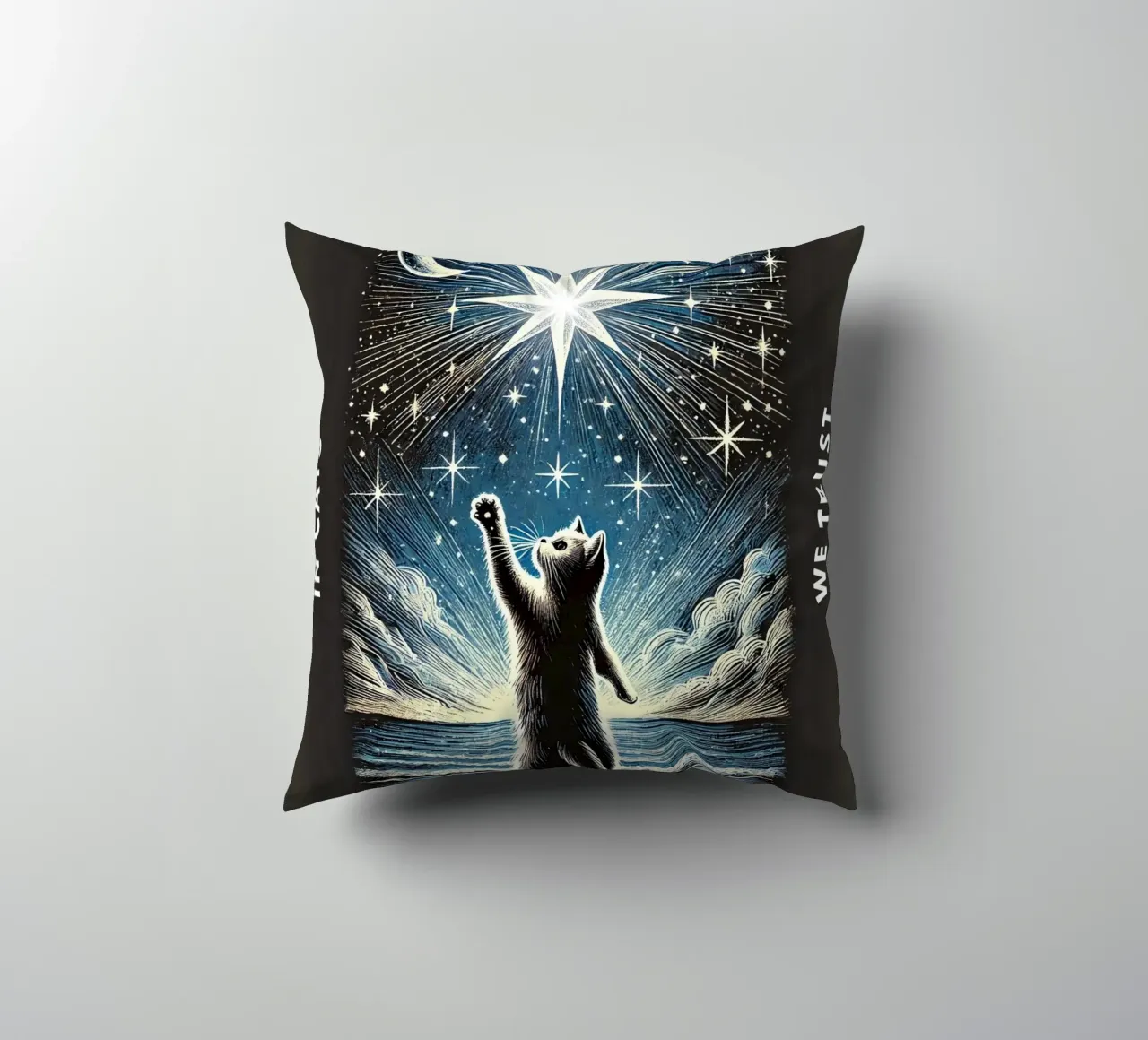 In Cats We Trust decorative cushion by Lotta Cat Design
