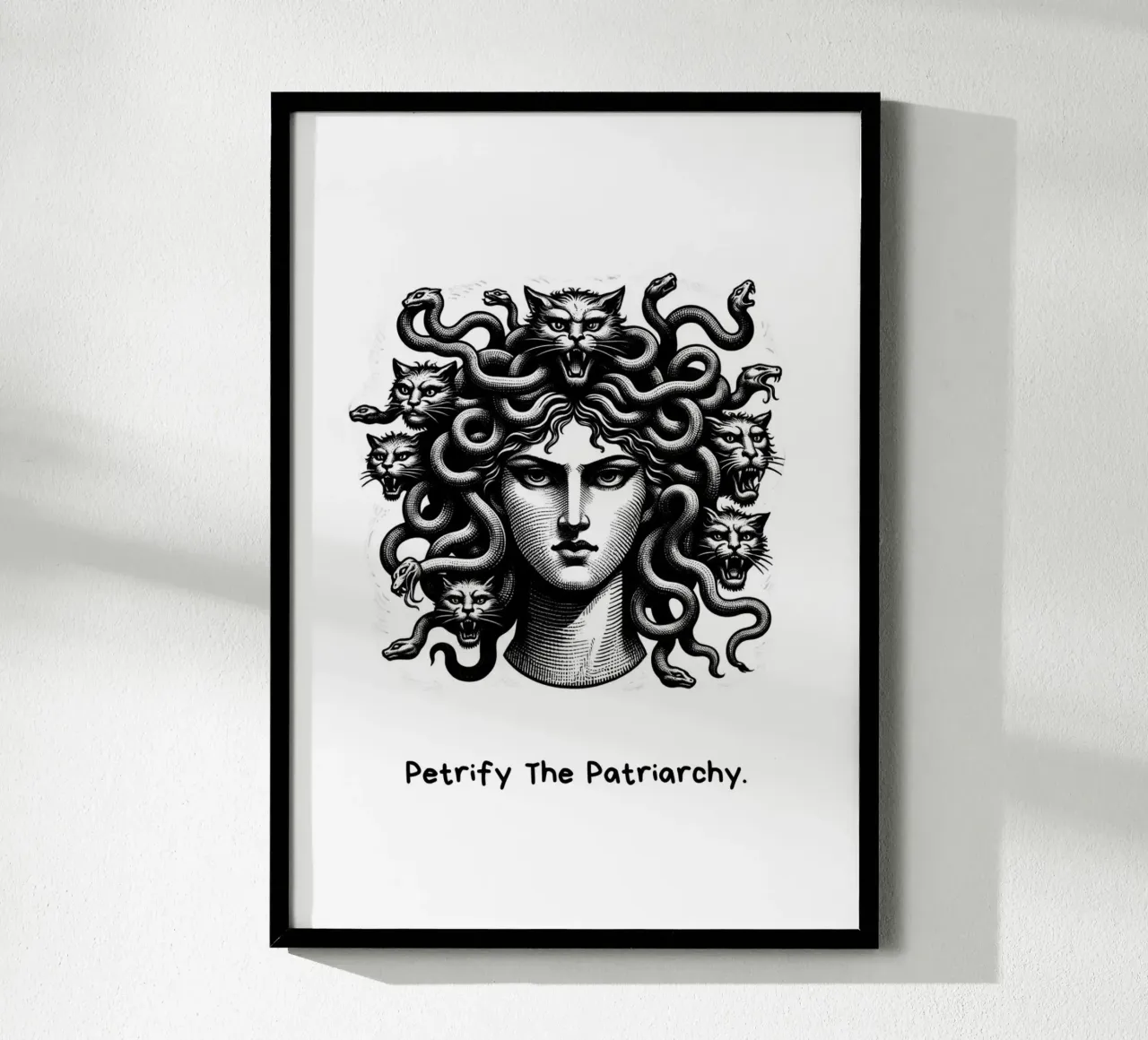 Petrify The Patriarchy | Cat Medusa poster with wooden frame by Lotta Cat Design