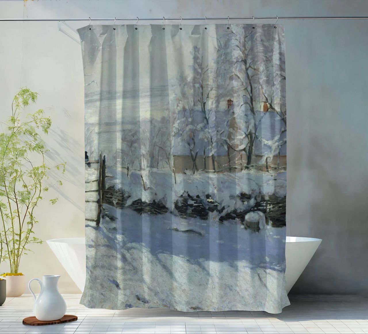 Claude Monet - The Magpie shower curtain by Timeless Artworks