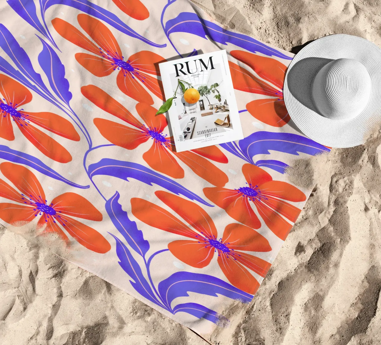 Arte botanica. Flower Power in Orange e Lila. Muster. telo mare da CalliLetters