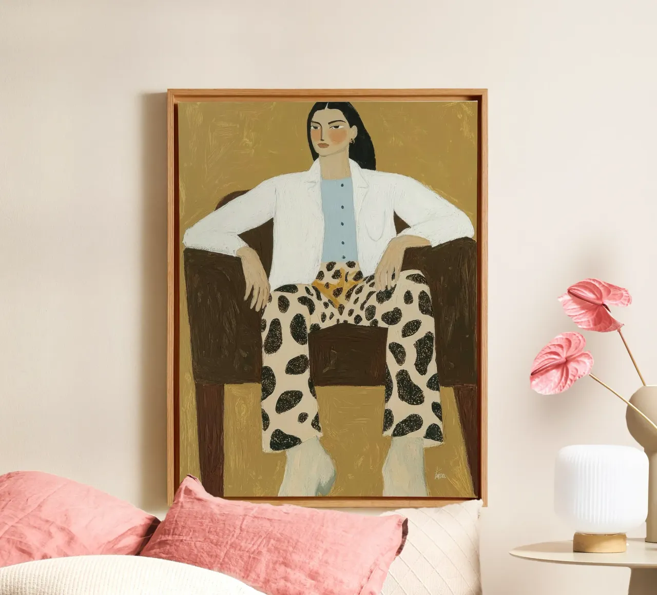 Stijlvolle vrouw in luipaardpak canvas met Baklijst van Peaches Art Prints
