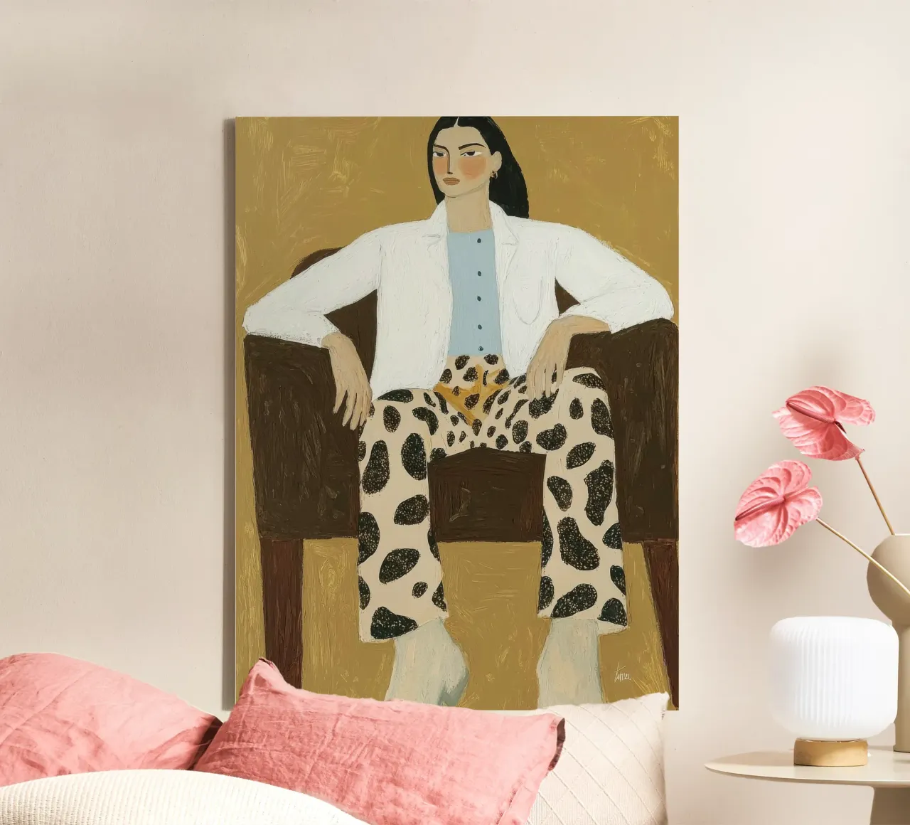Stijlvolle vrouw in luipaardpak canvas met Baklijst van Peaches Art Prints