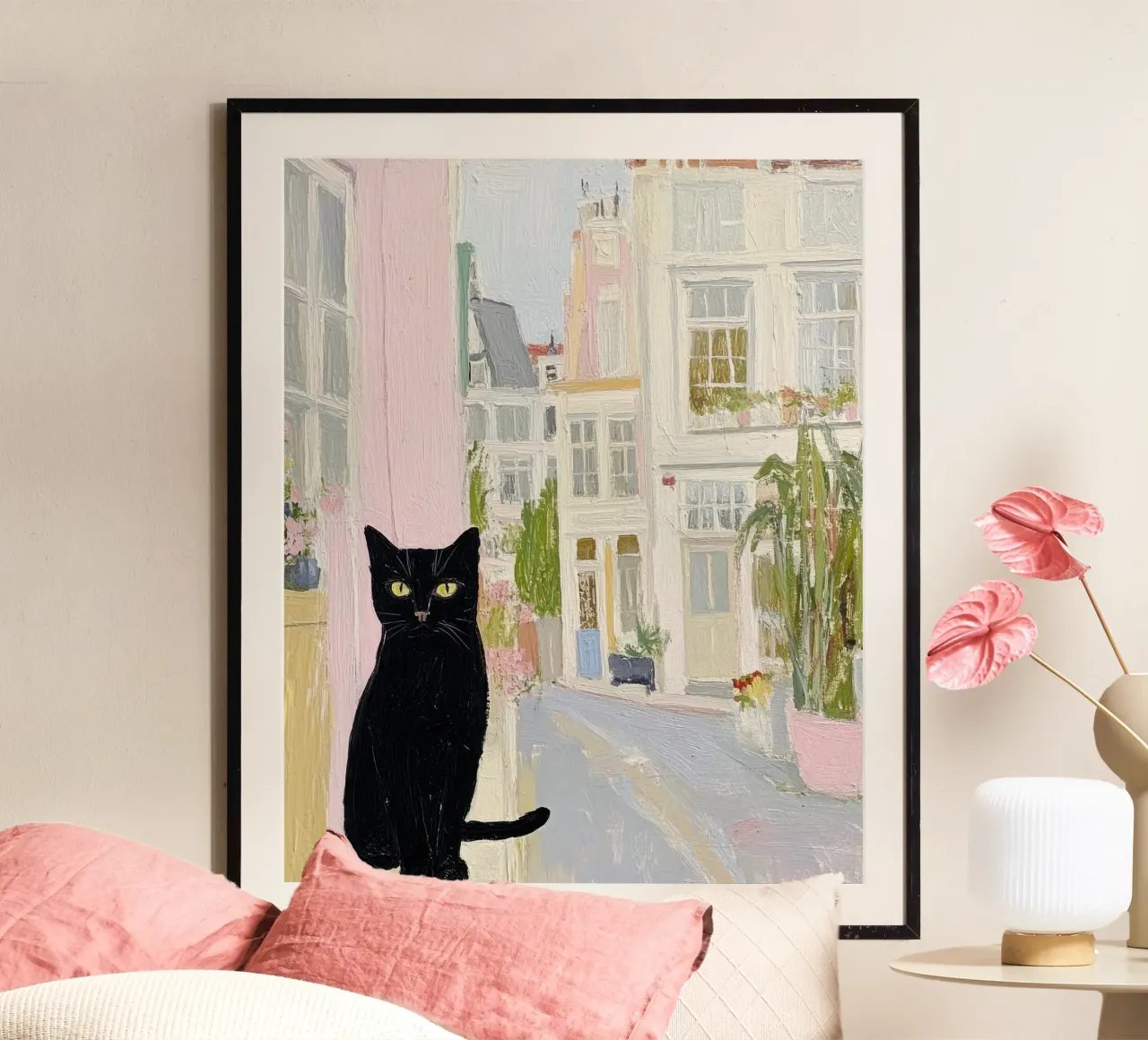 Gatto nero in strada, arte di viaggio in città poster con telaio in plastica da Peaches Art Prints