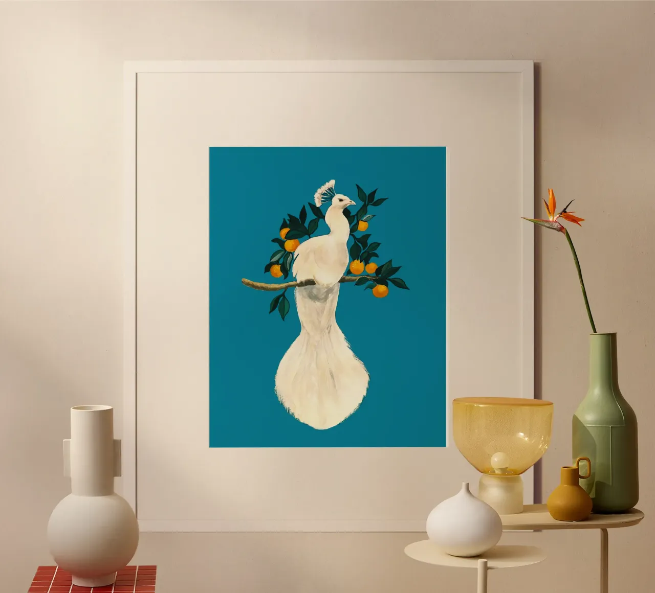 Pavone bianco su un ramo arancione carta hahnemühle da Corinne Korda Studio
