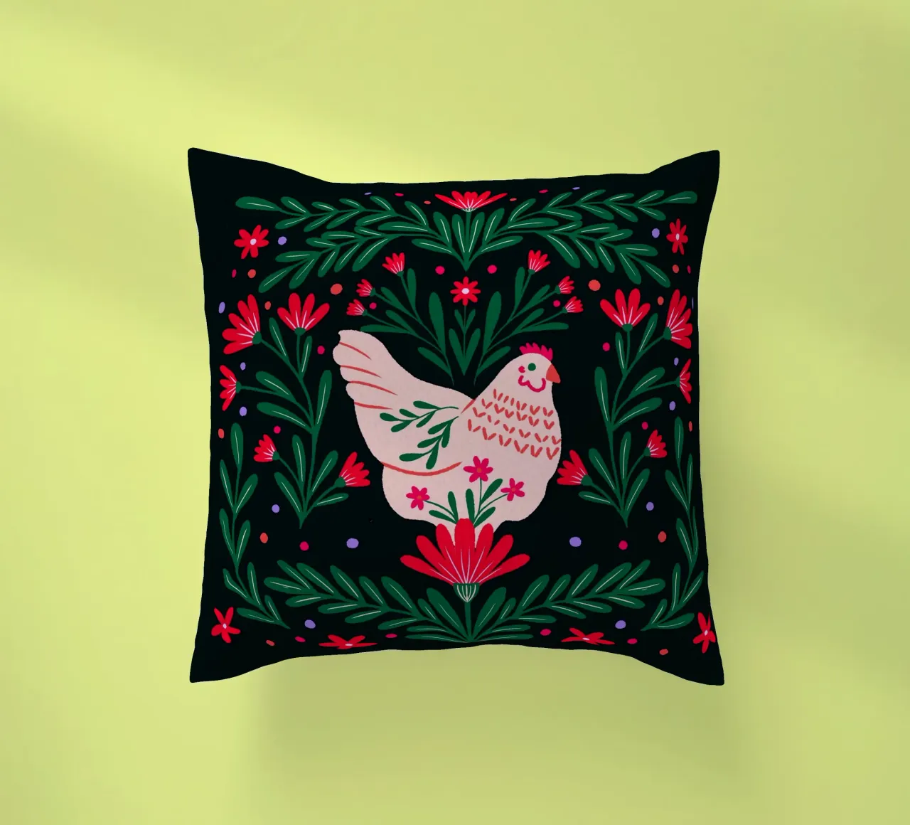 Pollo in fiore - verde e rosso cuscino da Wackapacka