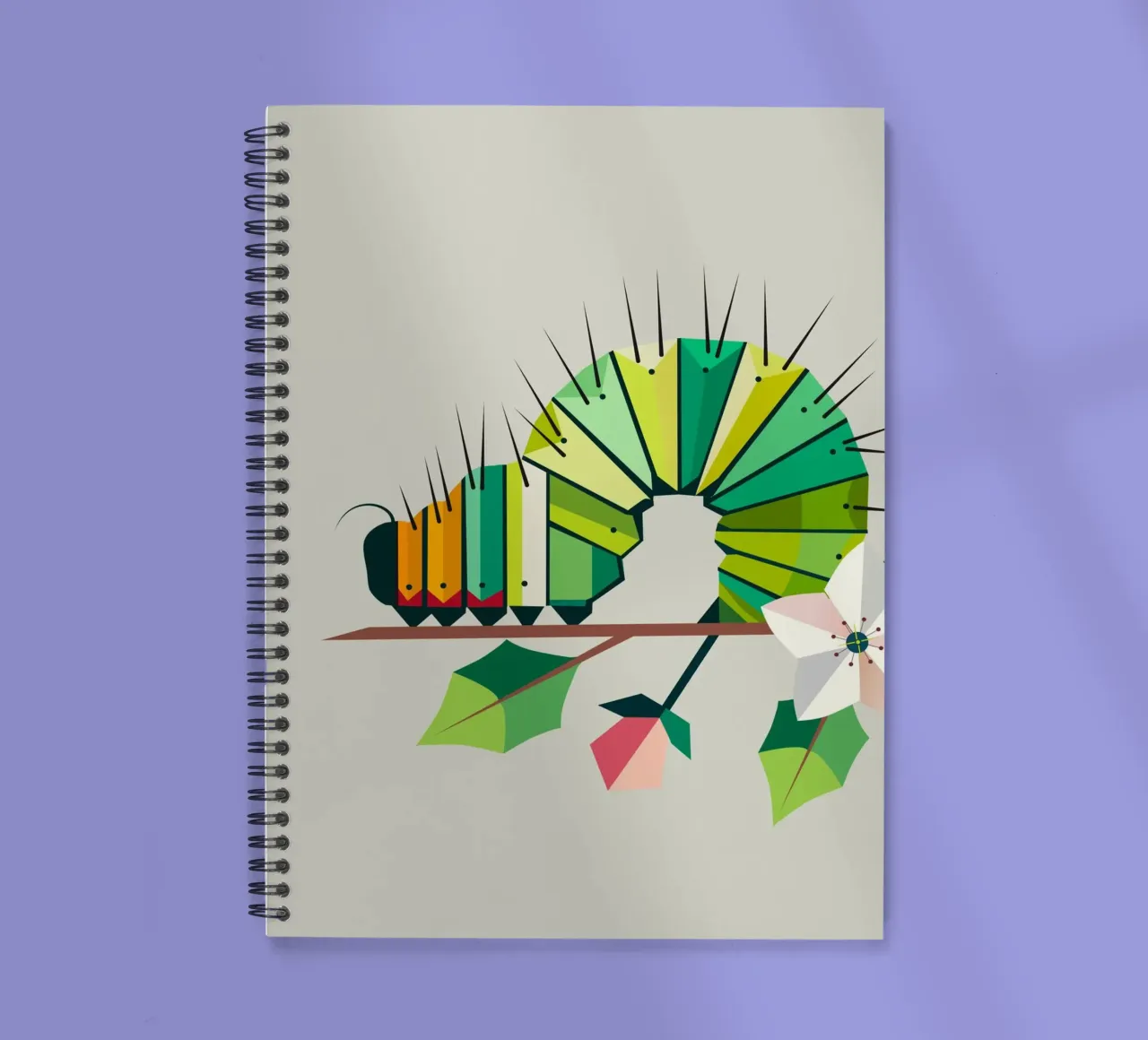 Caterpillar in bright shades of green on a flower branch spiral notebook by namosh
