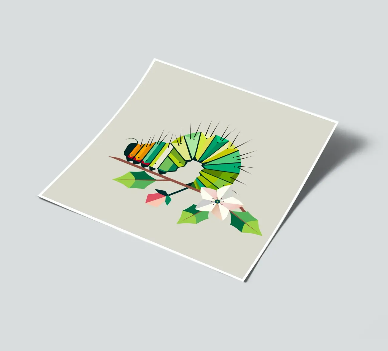Chenille dans les tons verts vifs sur une branche de fleur planche autocollant de namosh