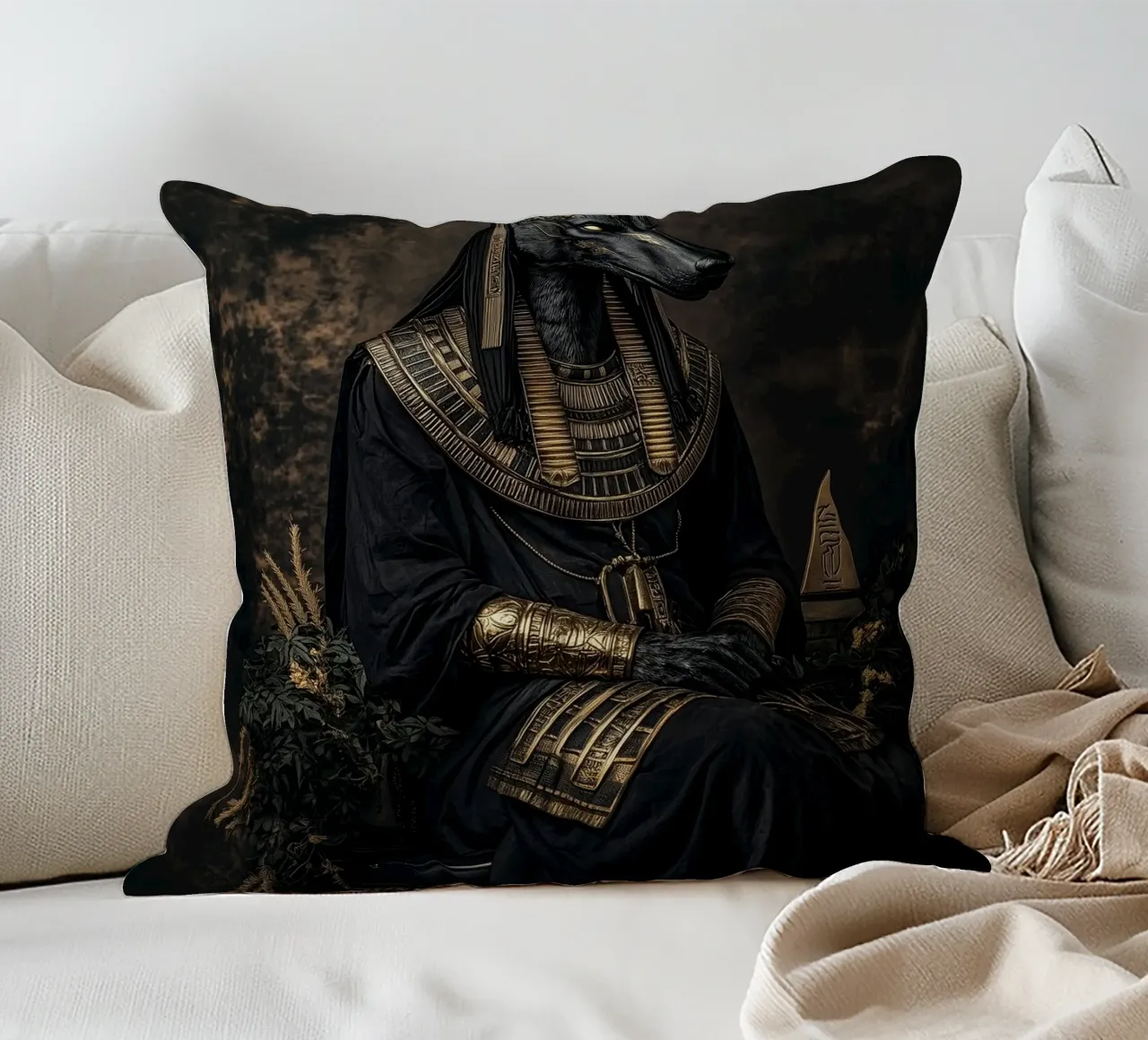 Sitting Anubis decorative cushion by Synthaira