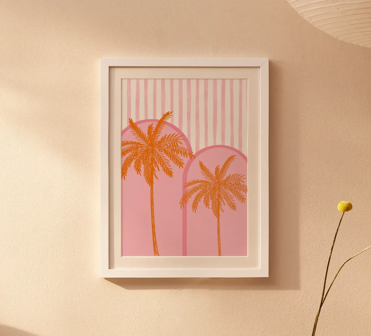Alberi di cocco, stampa tropicale estiva, arancione e rosa poster con telaio in legno da pdigitalprints