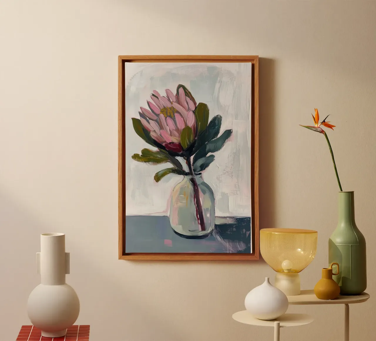 Roze Protea Bloem in een Glazen Vaas canvas met Baklijst van Melloi Art Print