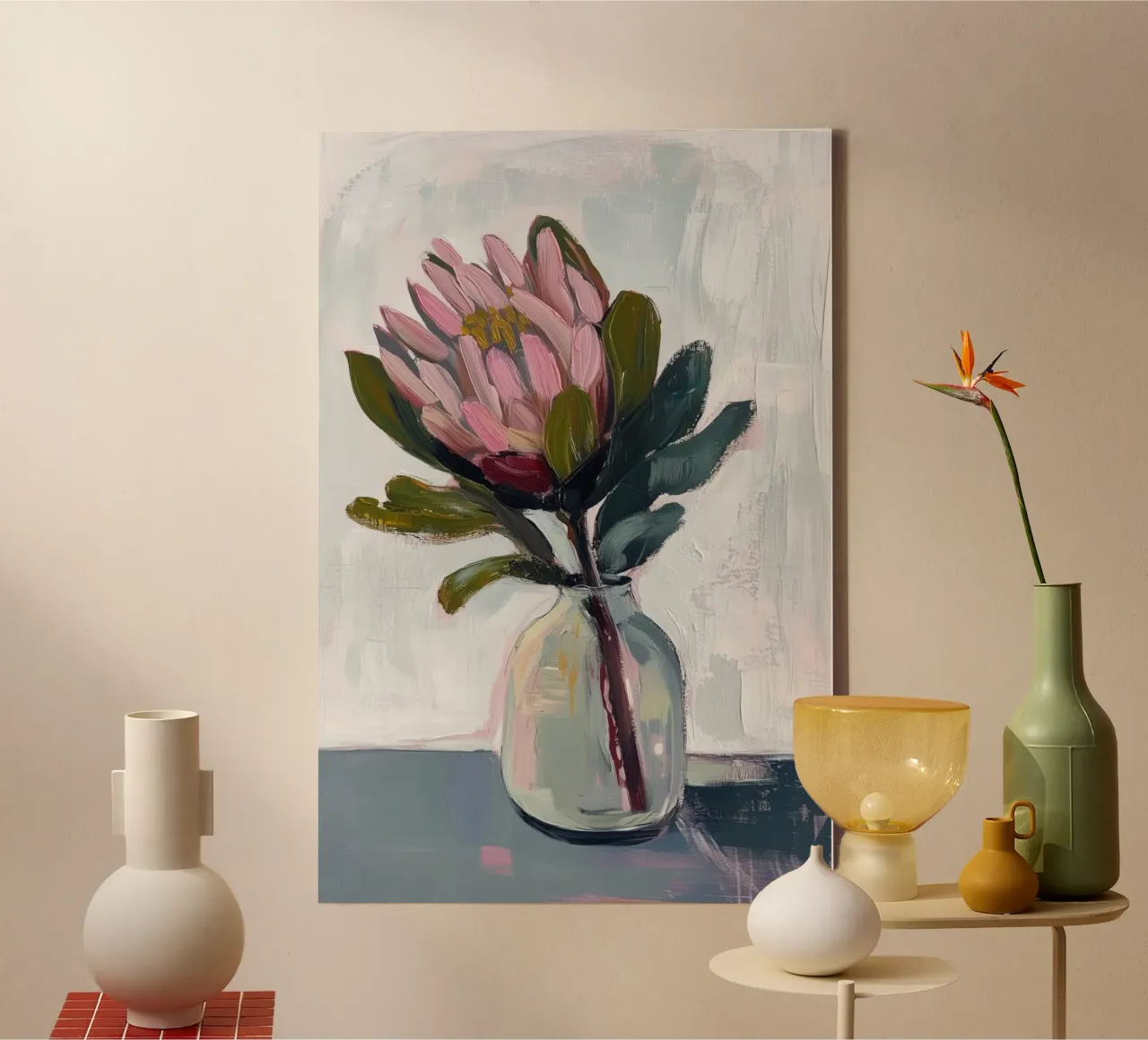Roze Protea Bloem in een Glazen Vaas canvas met Baklijst van Melloi Art Print