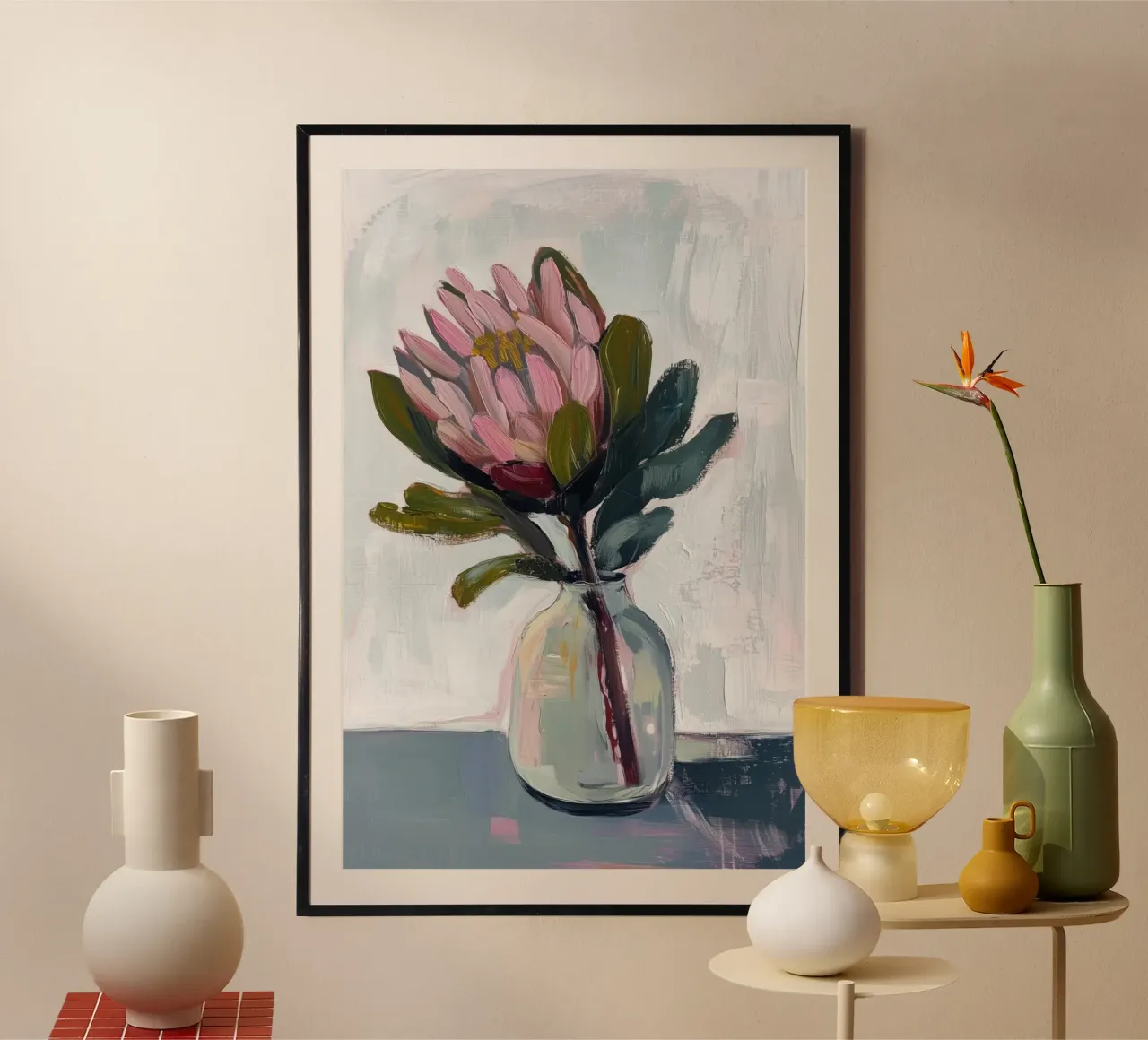 Protea rosa in vaso di vetro carta hahnemühle da Melloi Art Print