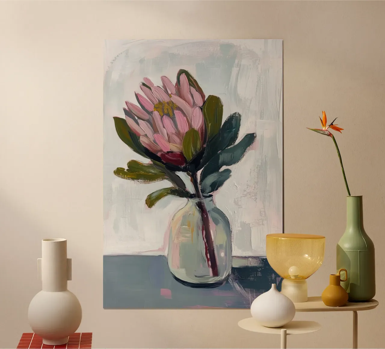 Protea rosa in vaso di vetro carta hahnemühle da Melloi Art Print