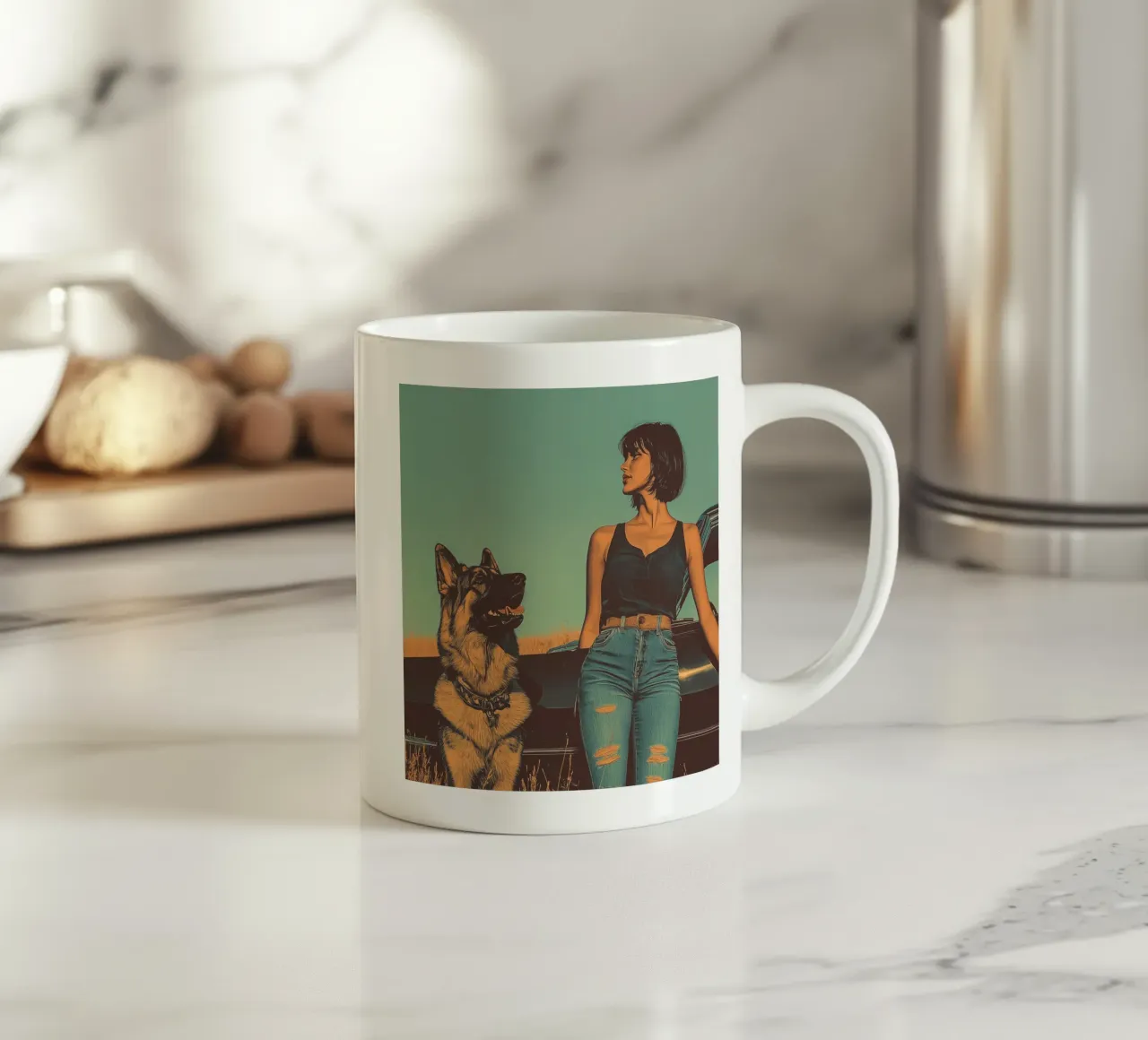 Ragazza con cane tazza in ceramica da Synthaira
