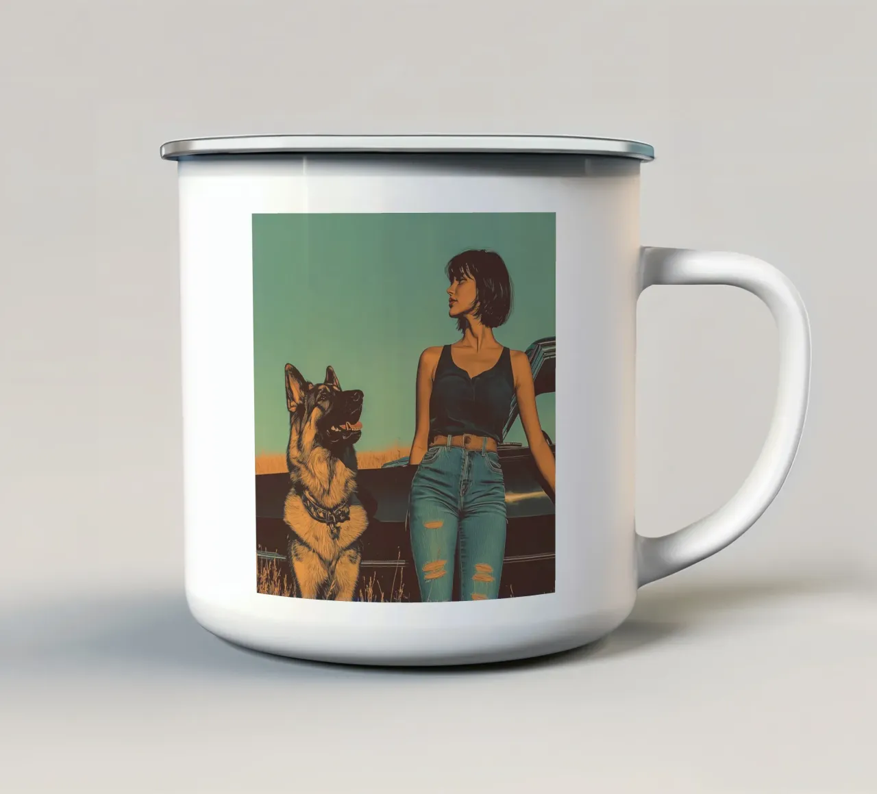 Ragazza con cane tazza in smalto da Synthaira