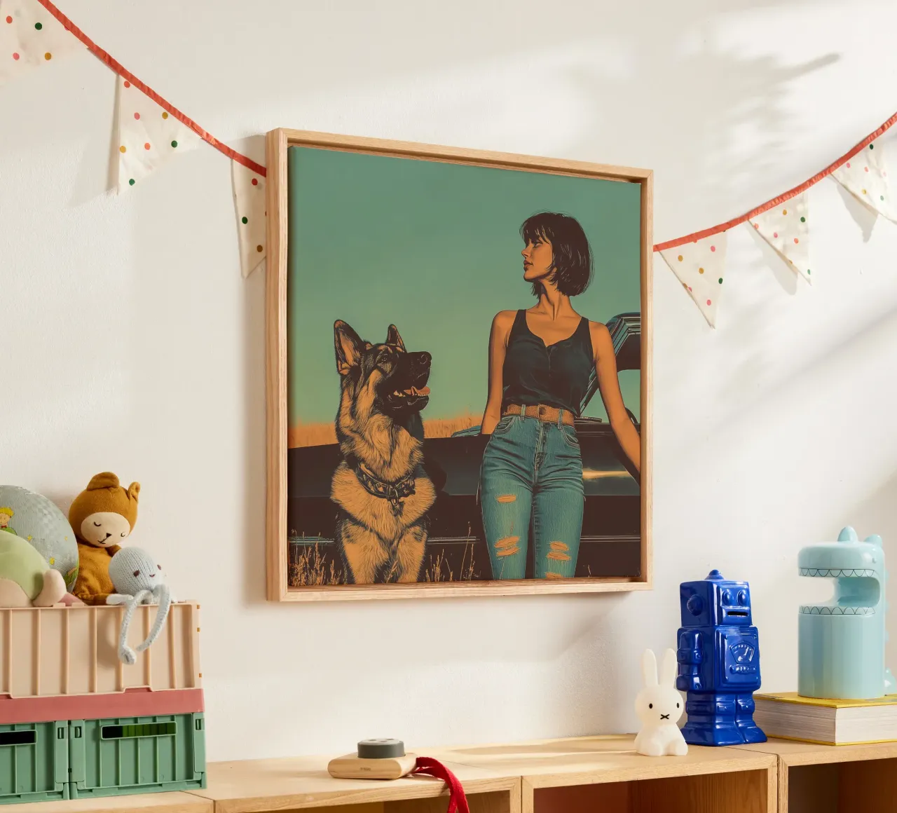 Ragazza con cane tela con Cornice a cassetta da Synthaira