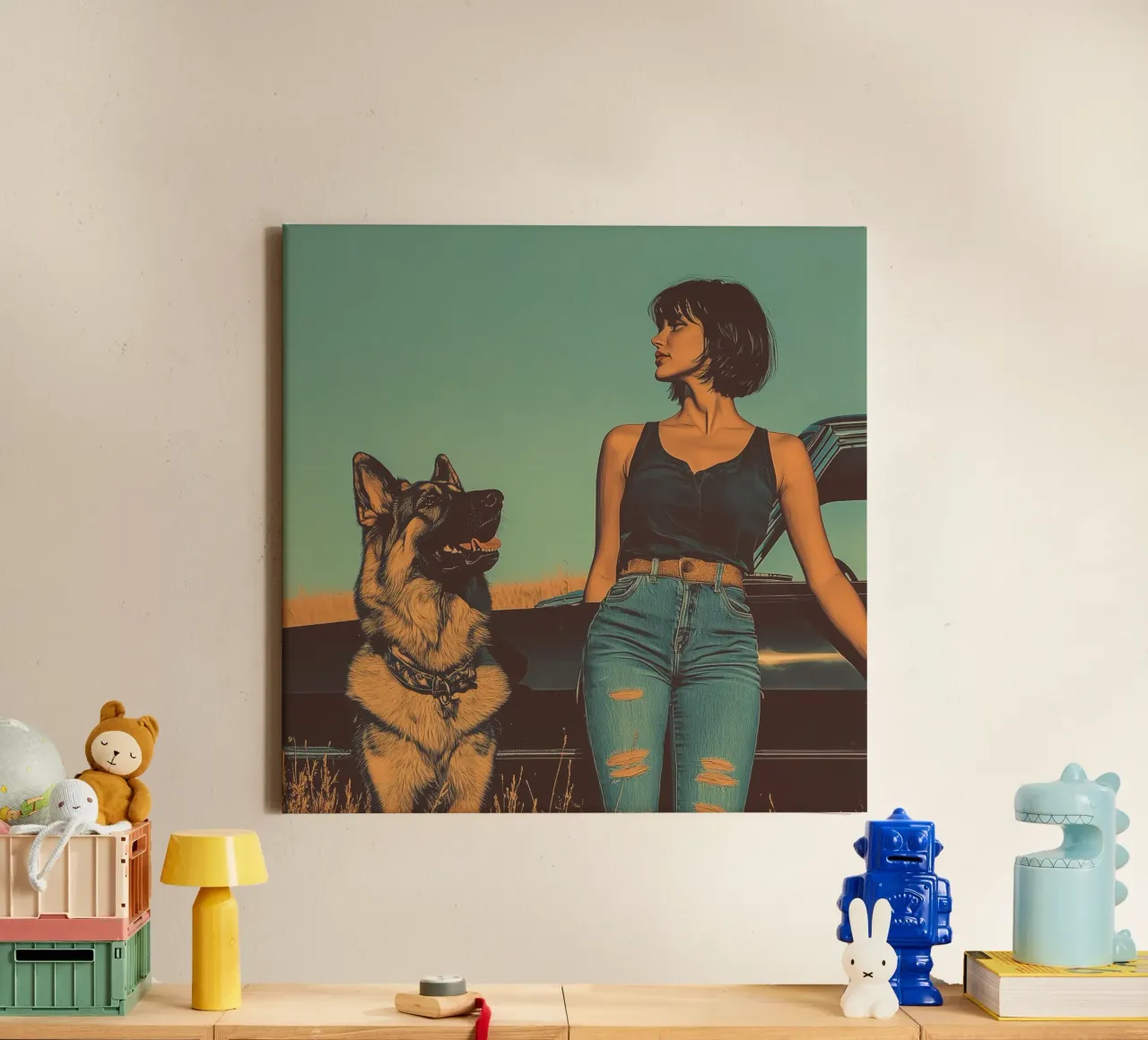 Ragazza con cane tela con Cornice a cassetta da Synthaira