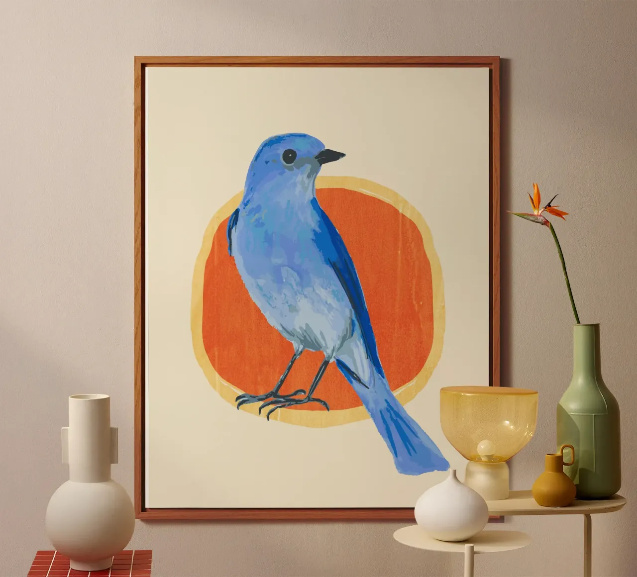 Blue Bird on Orange Circle alluminio dibond da Corinne Korda Studio