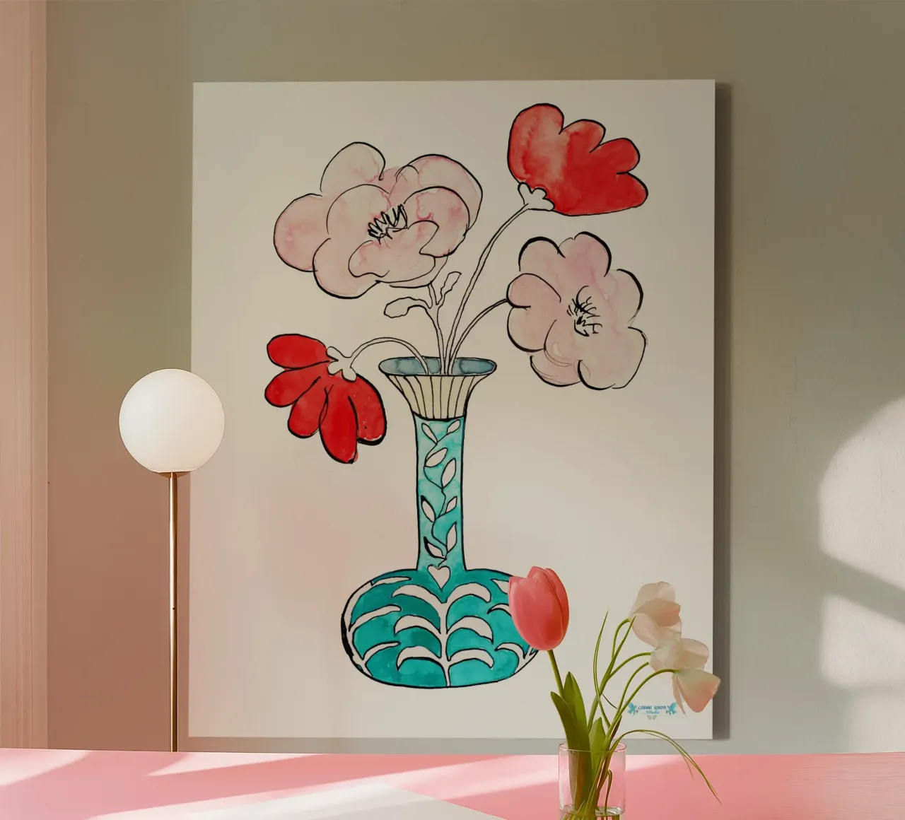 Two red and two pink flowers tela con Cornice a cassetta da Corinne Korda Studio