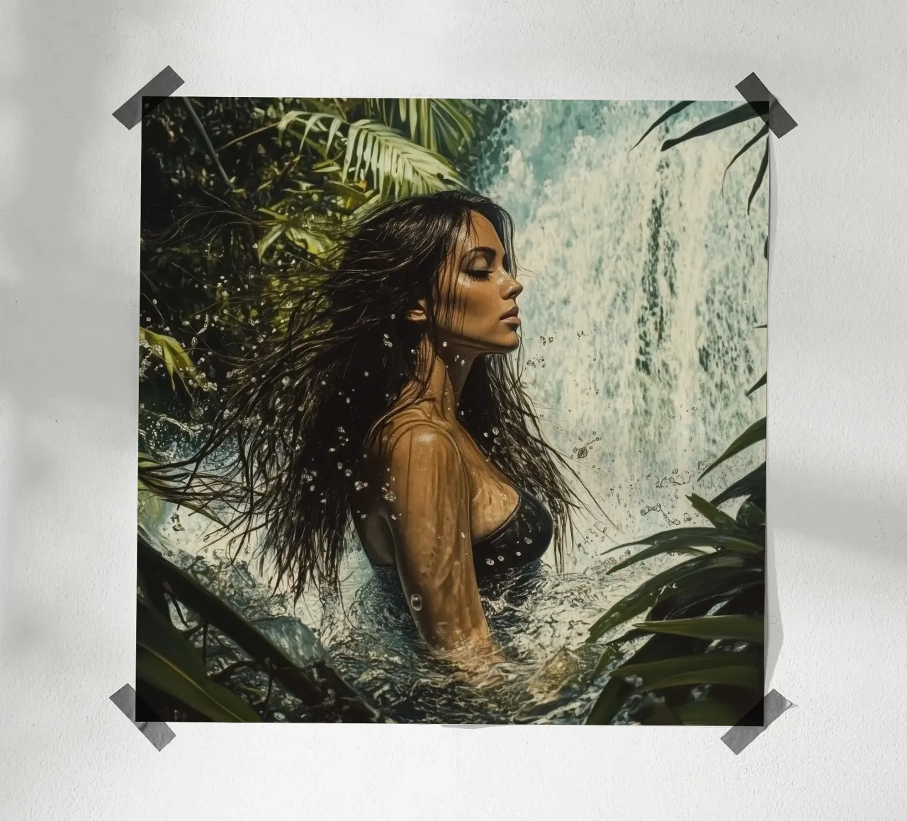 Cascata nella giungla poster con telaio in legno da Synthaira
