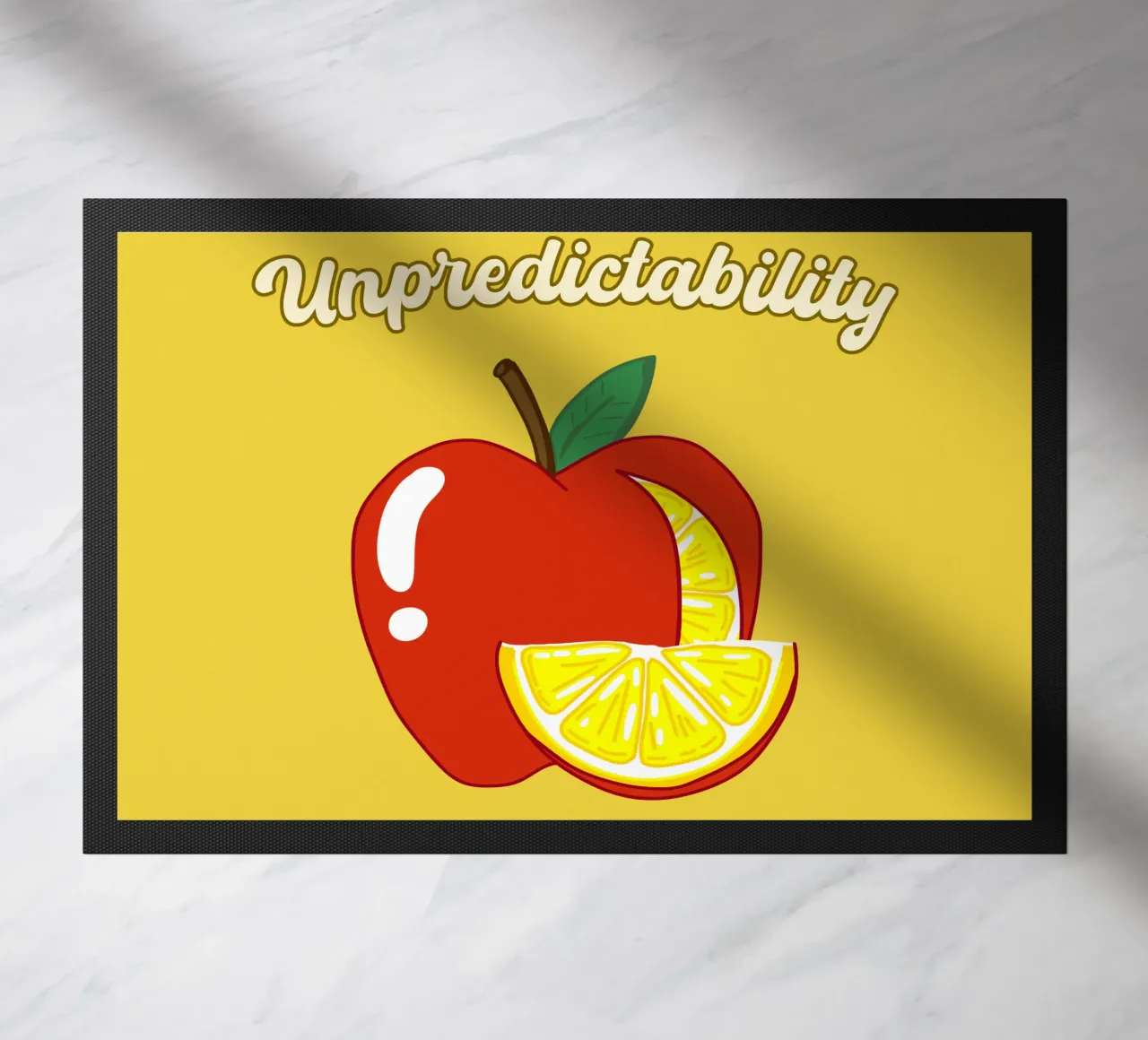 Unvorhersehbarkeit Apfel-Zitrone Motivationsdesign Fußmatte von sillyindustries