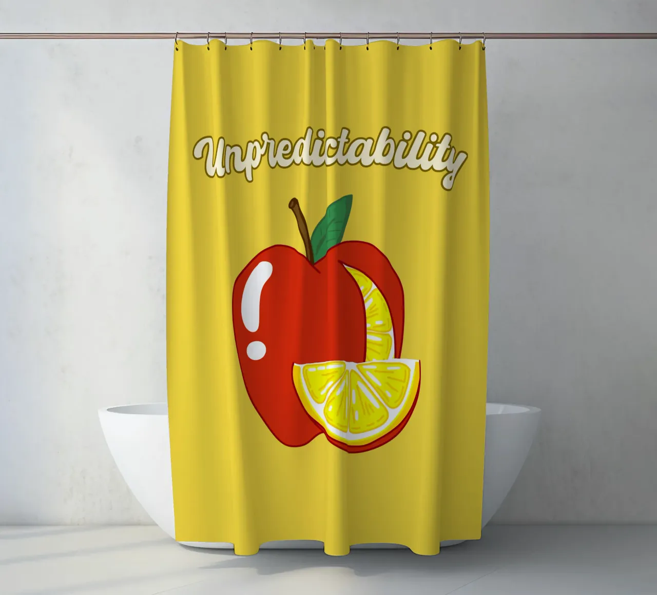 Unvorhersehbarkeit Apfel-Zitrone Motivationsdesign Duschvorhang von sillyindustries