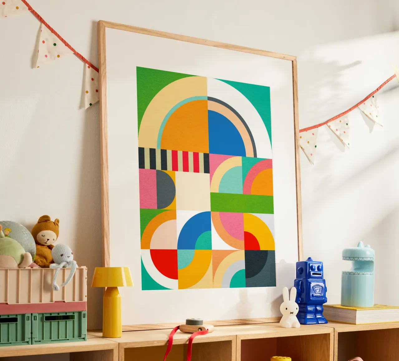 Geometria Bauhaus vivace e giocosa poster con telaio in alluminio da Dominique Vari Abstract
