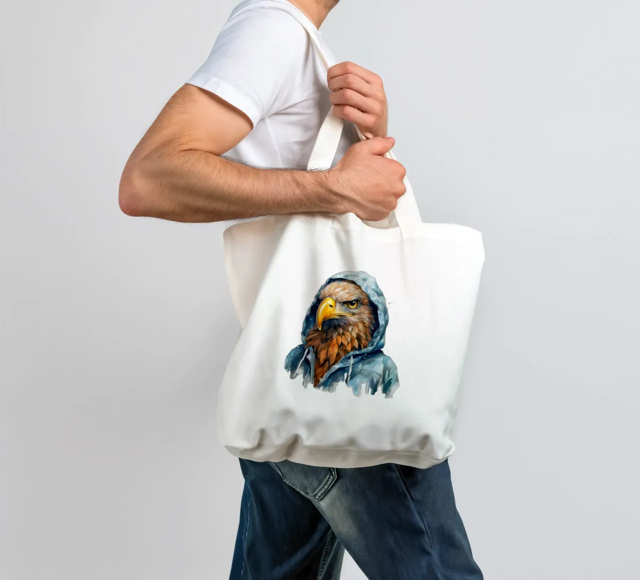 Acquerello cartone animato Aquila in felpa con cappuccio borsa in juta da Animal Portraits