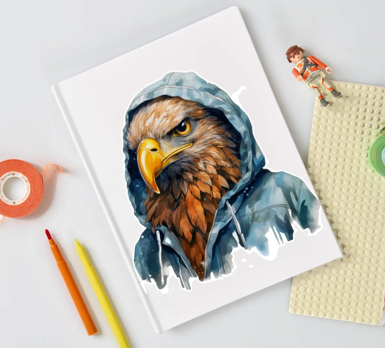 Acquerello cartone animato Aquila in felpa con cappuccio diario da Animal Portraits