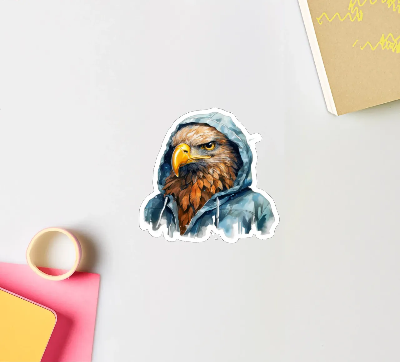 Acquerello cartone animato Aquila in felpa con cappuccio adesivo da Animal Portraits