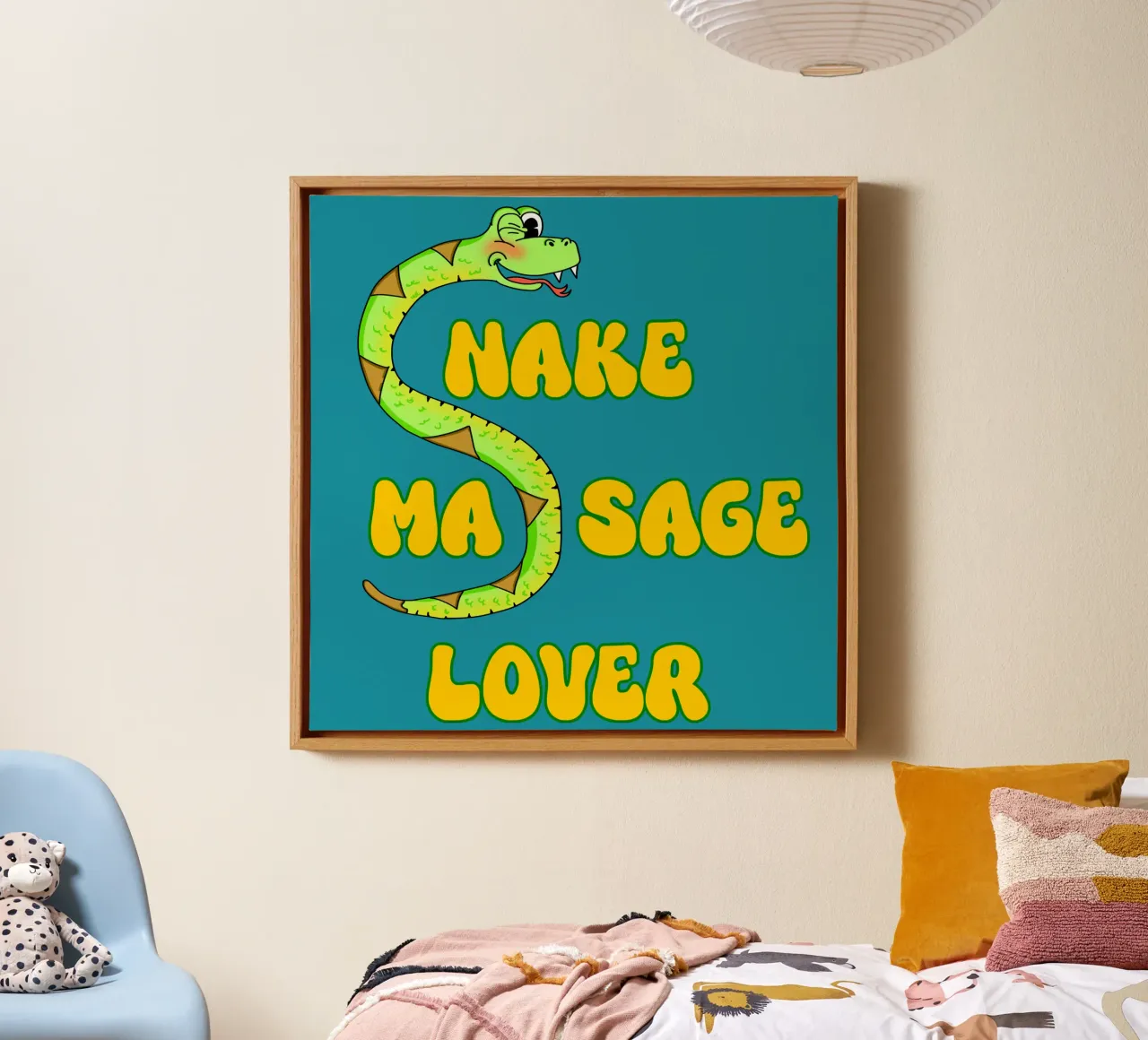 Snake Massage Lover Funny Retro Cartoon Design lienzo con Marco flotante de sillyindustries
