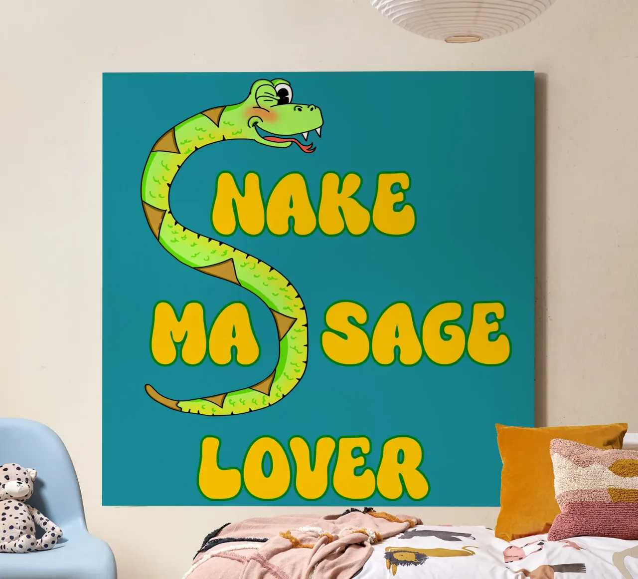 Snake Massage Lover Funny Retro Cartoon Design lienzo con Marco flotante de sillyindustries