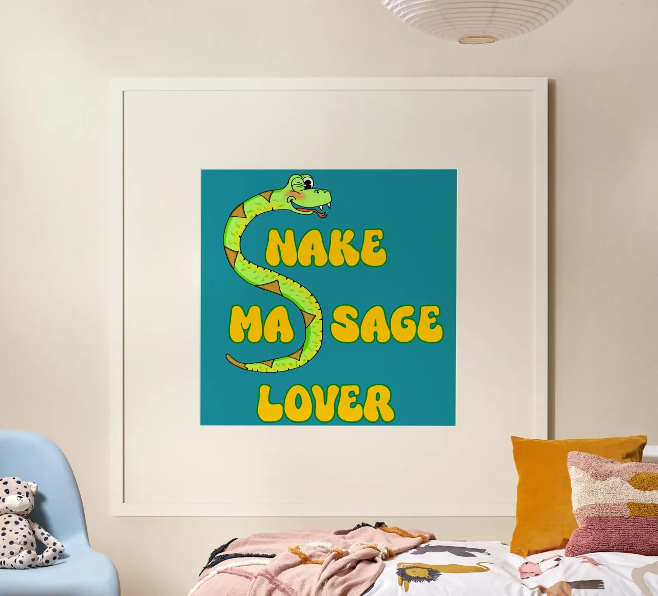 Snake Massage Lover Funny Retro Cartoon Design poster con marco de madera de sillyindustries