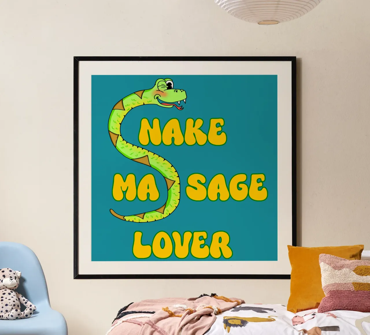 Snake Massage Lover Funny Retro Cartoon Design poster con marco de madera de sillyindustries