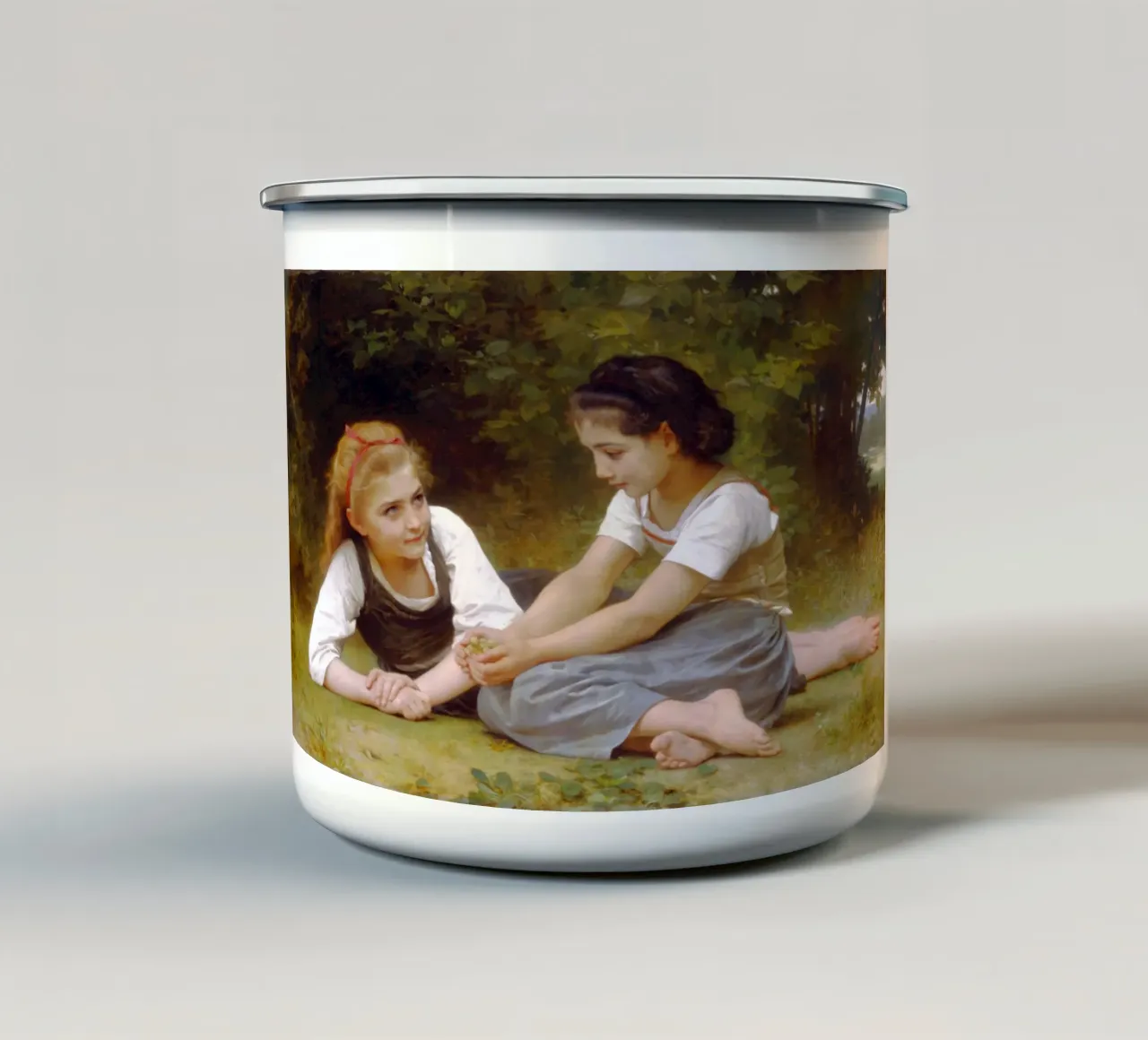 William-Adolphe Bouguereau - I raccoglitori di noci tazza in smalto da Timeless Artworks