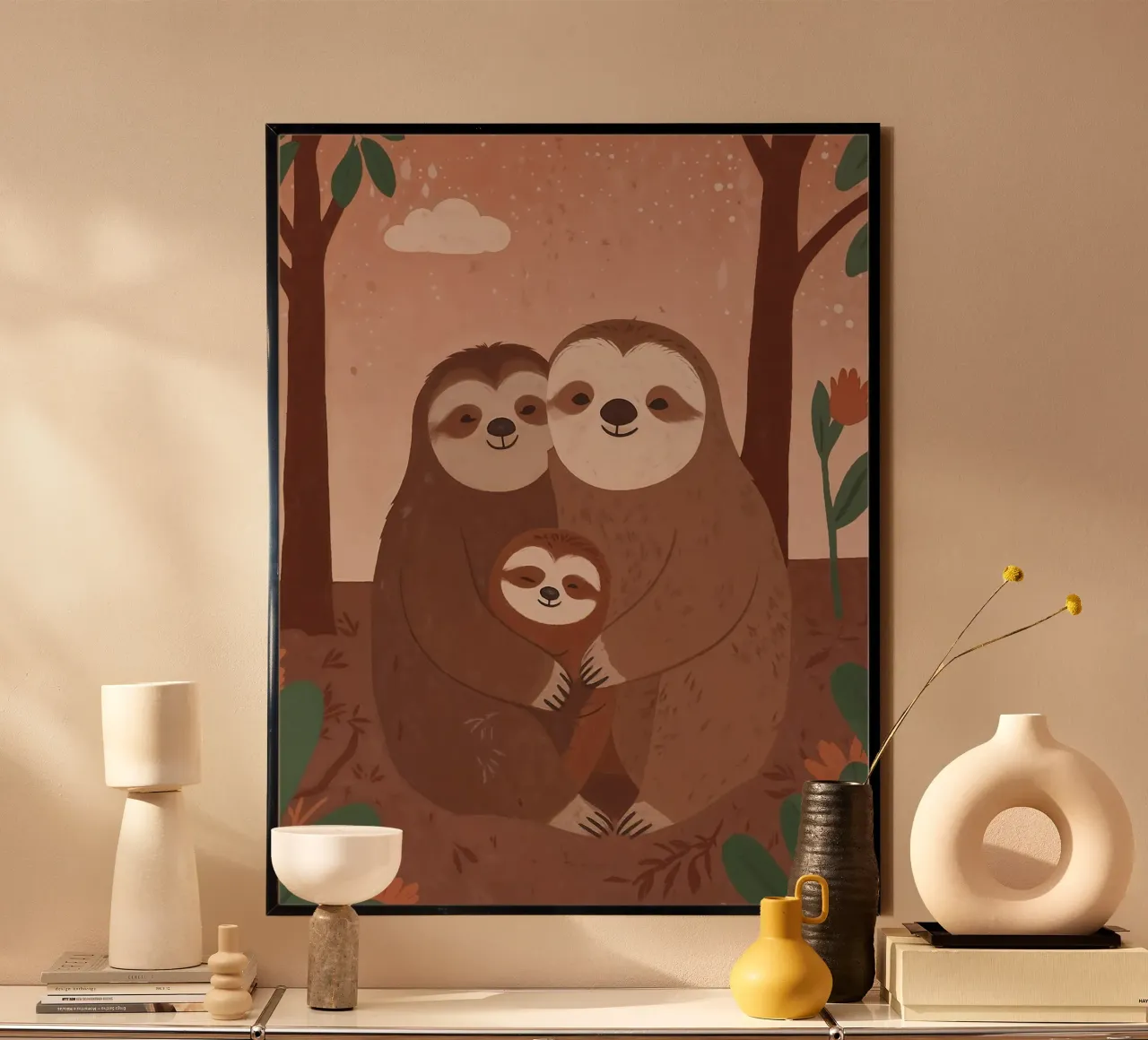 Famiglia di bradipi amichevoli poster con telaio in alluminio da SnoopyAnimals