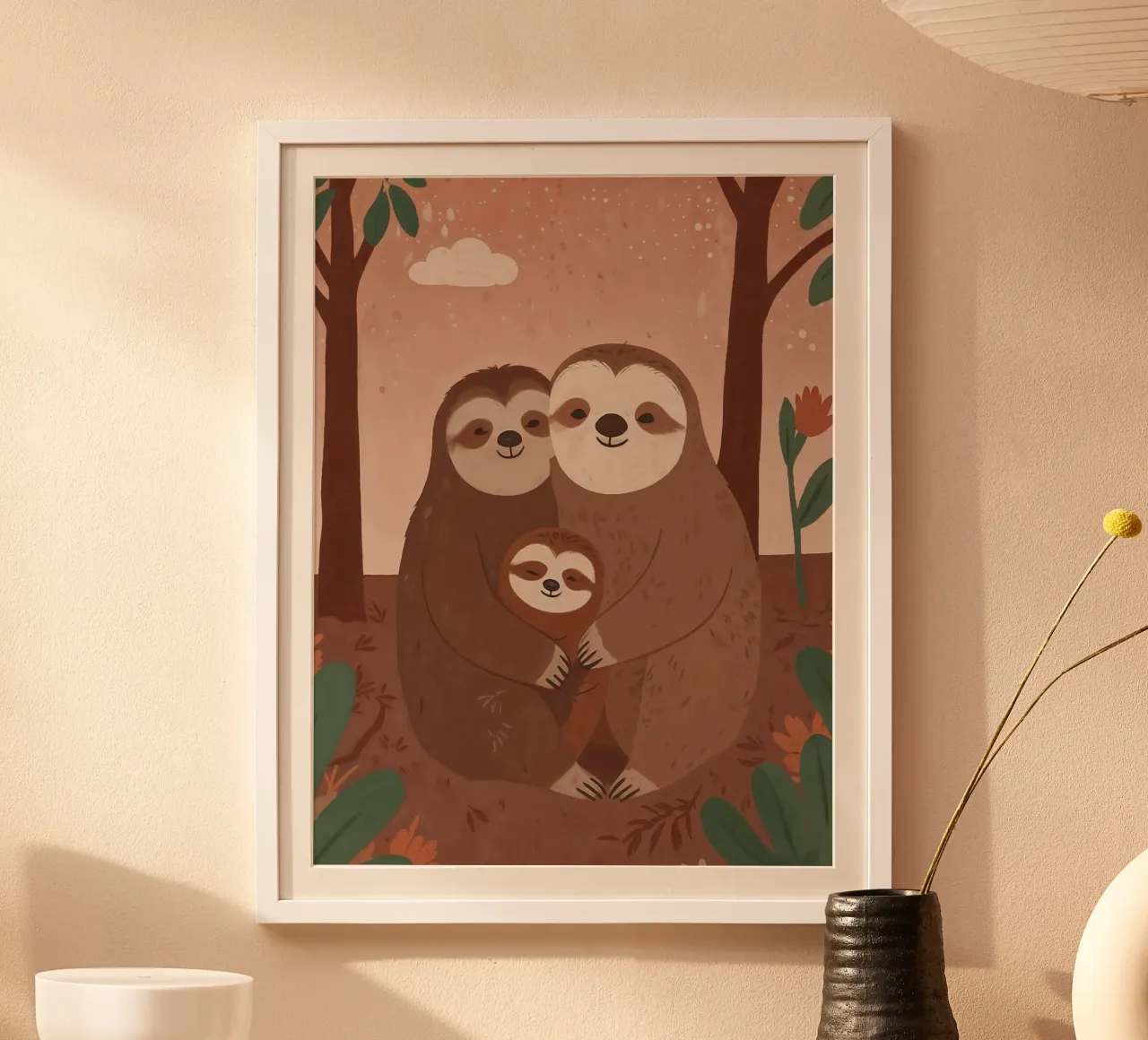 Famiglia di bradipi amichevoli poster con telaio in alluminio da SnoopyAnimals