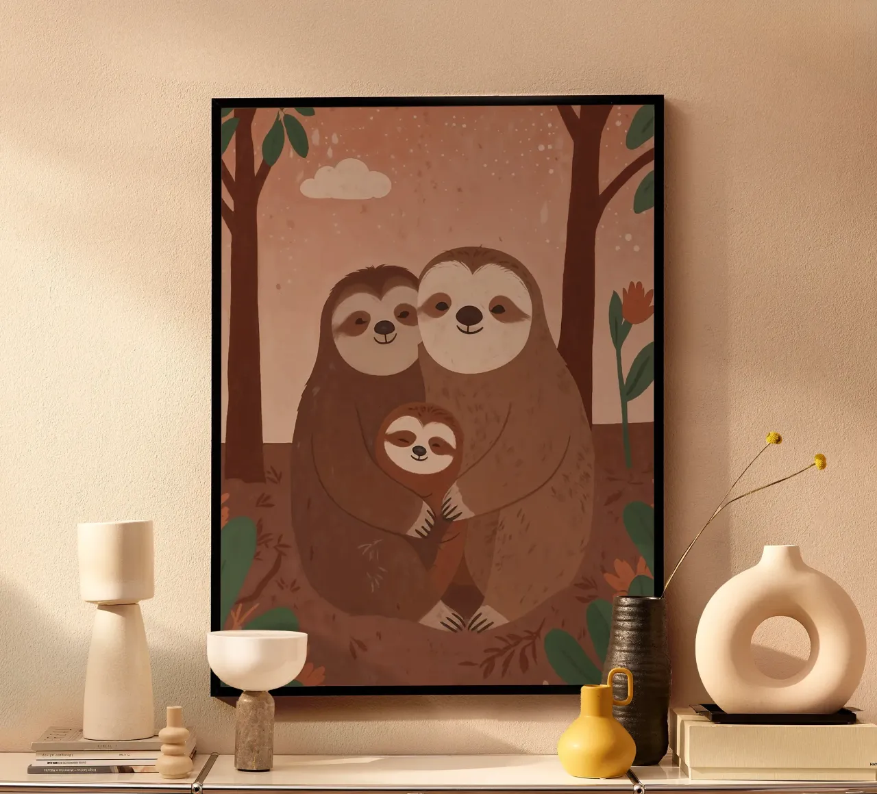 Famiglia di bradipi amichevoli poster con telaio in alluminio da SnoopyAnimals